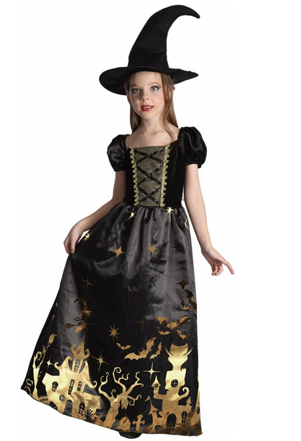 GIRLS GOLDEN WITCH,DRESS, HAT